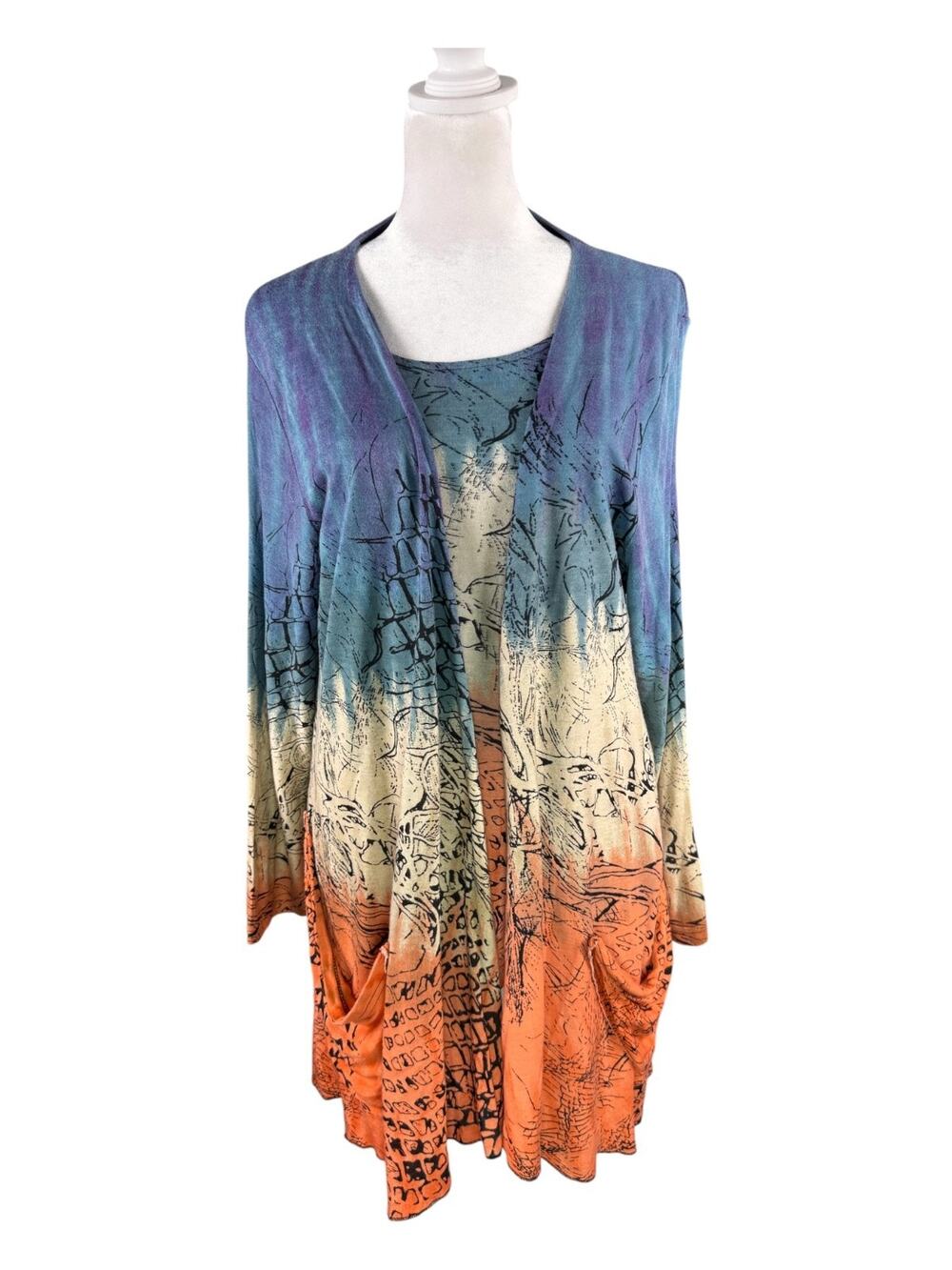 Parsley & Sage M Tank Top & Long Open Cardigan Set Abstract Art Pockets FLAW